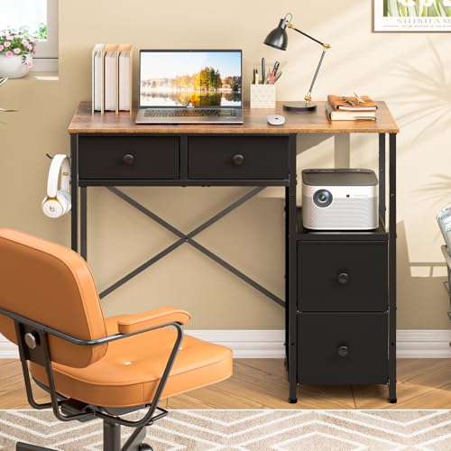 3IngSeagulls Small Computer Desk with 4 Fabric Drawers, Simple Writing Desk for Home Office, Compact Study Desks for Small Spaces, Kids Desk Study for Bedroom, Rustic Brown - color: Rustic Brown