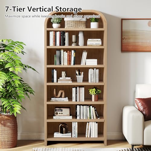 LEVNARY 70" Tall Arched Bookcase, 7-Tier Freestanding Storage Cabinet with Adjustable Shelves, Thick MDF Bookshelf for Bathroom Living Room Bedroom (Natural) - color: Natural