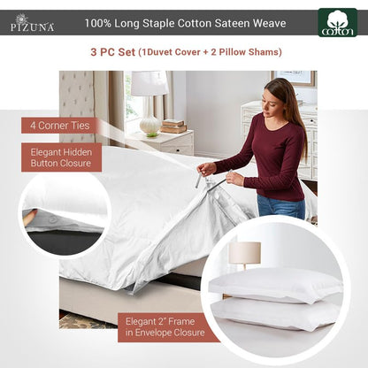 Pizuna 100% Cotton Queen Duvet Cover Set 400 Thread Count White | Long Staple Combed Cotton Sateen Weave 3 Piece Luxurious Cool Queen Comforter Cover with Hidden Button Closure - color: 01 White, size: Queen