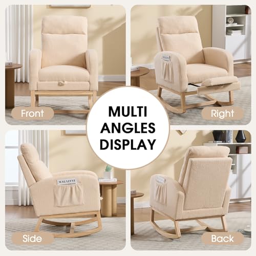 Rocking Chair Nursing, Rocker Chair with Footrest (Cream) | Teddy Boucle Upholstered Accent Reading Chair with High Back & Side Pocket for Living Room Bedroom Nursery Office - color: Cream