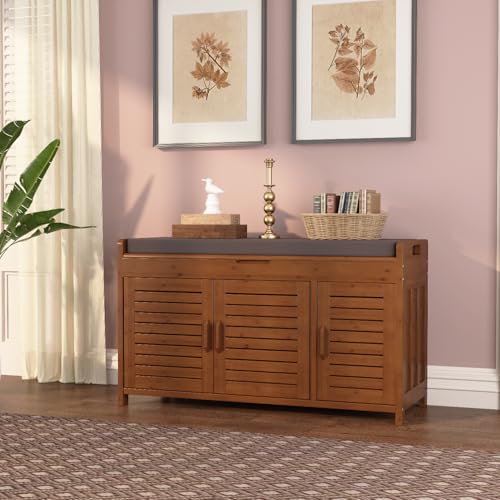 Wilk Shoe Bench with Storage, 2-Tier Shoe Cabinet with Padded Seat Cushion and 3 Darn Doors (38.2’’ (L) x 14.4’’ (W) x 19.7’’ (H)) - size: 38.5" (L) x 14.4" (W) x 19.7" (H)