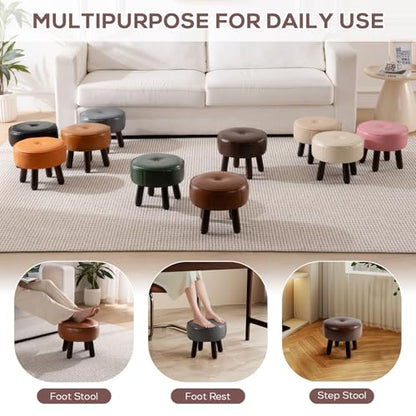 Small 13" Foot Stool Ottoman, Round Pouf Foot Rest, Faux Leather Footstool | Small Foot Stool with Rubber Legs Under Desk, Footrest for Couch, Living Room Bedroom Office, 13''L x 13''W x 10.2''H, Coffee - color: Coffee