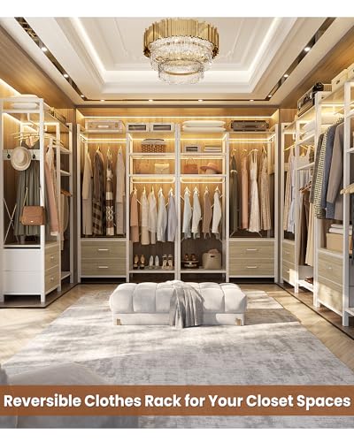 78.7'' Clothes Rack for Hanging Clothes - Reversible Clothing Rack with 2 Drawers, Heavy Duty Garment Racks with Shelves, 6 Tiers Freestanding Closet Wardrobe System with Hanging Hooks, White Oak - color: White Oak, size: 45.3"W