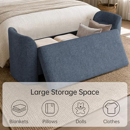 Usaint 58.3" Upholstered Storage Ottoman Bench with 2 Throw Pillows, Blue | End of Bed Bench with Curved Arms and Thickened Seat Cushion for Bedroom, Livingroom, Window, Entryway and Dressing Areas - color: Blue