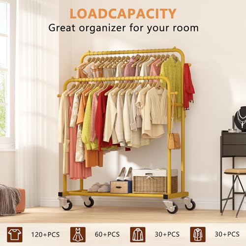 Laiensia Double Rods Garment Rack with Wheels, Clothing Rack for Hanging Clothes,4 Hooks, Multi-functional Bedroom Clothes Rack, Gold - color: Gold