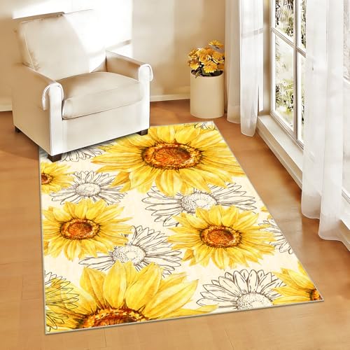 AooHHooA Sunflower Area Rug 3x5, Yellow Floral Rug for Entryway Home Decor | Modern Rustic Small Rug with Non-Slip Backing, Washable Lightweight Rug for Entryway Kitchen Bedroom Bathroom Door Mat - color: Sunflower-1, size: 3' x 5' (Rectangular)