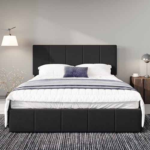 Allewie Queen Size Dutch Velvet Upholstered Platform Bed Frame/Vertical Channel Tufted Adjustable Headboard/Low Profile Bed Frame/No Box Spring Needed/Easy Assembly/Black - color: Black, size: Queen