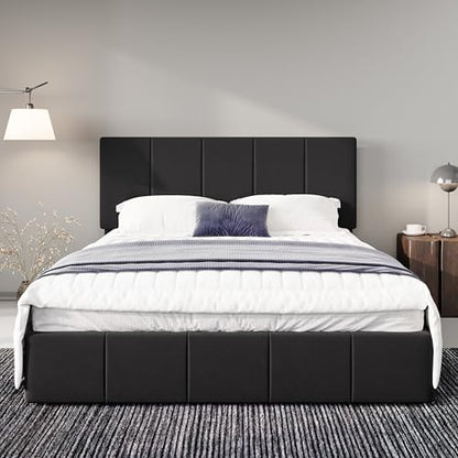 Allewie Queen Size Dutch Velvet Upholstered Platform Bed Frame/Vertical Channel Tufted Adjustable Headboard/Low Profile Bed Frame/No Box Spring Needed/Easy Assembly/Black - color: Black, size: Queen