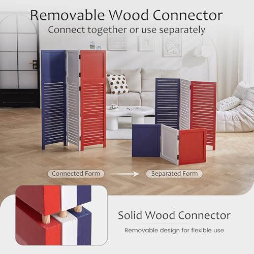 1 Pack 3 Panel Wood Short Room Divider Screen Red White Blue | Freestanding Modular Louvered Partition Screen For Bedroom Home Office Apartment Privacy - color: Red White Blue