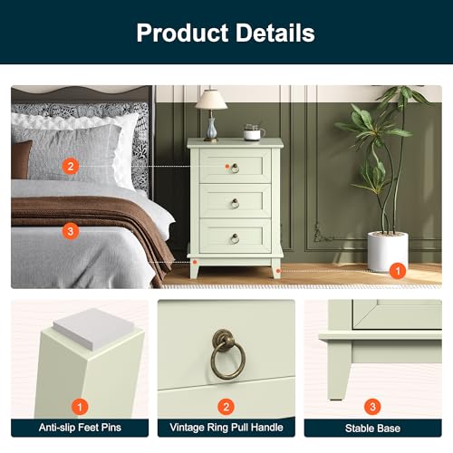 RoyalCraft Farmhouse Tall Nightstand Set of 2, Painted Wooden Bedside End Table with 3 Storage Drawers, Rustic Side Table for Bedroom, Living Room, Light Green - size: 2 Piece
