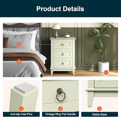 RoyalCraft Farmhouse Tall Nightstand Set of 2, Painted Wooden Bedside End Table with 3 Storage Drawers, Rustic Side Table for Bedroom, Living Room, Light Green - size: 2 Piece