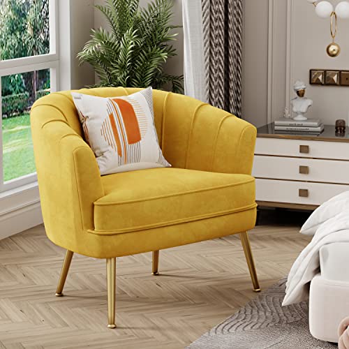Velvet Accent Chair, Barrel Armchair, Yellow | Velvet Upholstery, Golden Metal Legs, Comfy Barrel Back, Modern Style, Living Room Bedroom Office - color: Yellow, size: 1 Chair