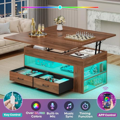 Itaar Lift Top Coffee Table, 4 in 1 Coffee Tables with Storage and Hidden Compartment, Farmhouse Coffee Table with 2 Fabric Drawers & LED Light for Living Room, Brown - color: Brown
