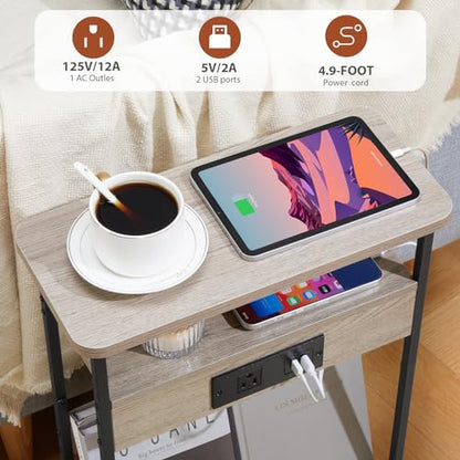 YEAKOO Narrow Side Table with Charging Station, 3-Tier End Table with 2 USB Ports & Power Outlets,Thin Sofa Side Table for Narrow and Small Spaces, Bedside Table Nightstand for Living Room,Oak - color: Oak