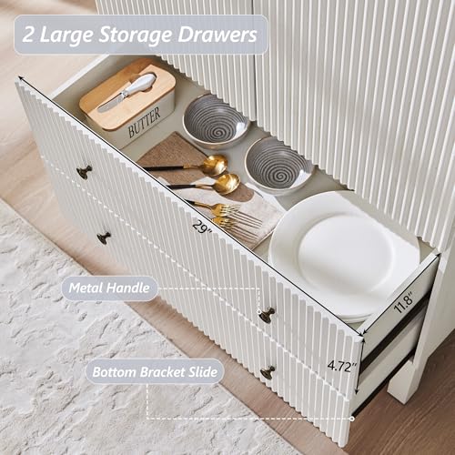 IFGET 71" Tall Arched Pantry Cabinet, Fluted Kitchen Storage Cabinet with Adjustable Shelves and 2 Large Drawers, Freestanding Morden Versatile Cupboard for Living Room, Bathroom, White - color: White