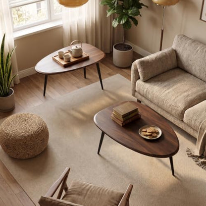 Nesting Coffee Table Set,Mid Century Modern Coffee Nesting Table | Solid Wood Triangle Oval Center Table for Small Living Room Apartment Balcony, Walnut