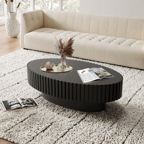 Oval Fluted Drum Coffee Table with Pedestal Base | 43.3'' Modern Black Wooden Drum Center Table, Handcrafted Solid Wood Fluted Edge, For Living Room & Apartment - color: Oval Black
