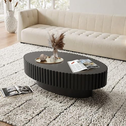 Oval Fluted Drum Coffee Table with Pedestal Base | 43.3'' Modern Black Wooden Drum Center Table, Handcrafted Solid Wood Fluted Edge, For Living Room & Apartment - color: Oval Black