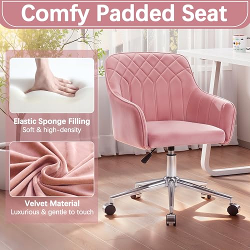 VECELO Modern Velvet Swivel Home Office Desk Chair with Back & Rolling Wheels, Adjustable Seat Height for Girls Women Bed Room Vanity Makeup/Task/Computer Work, Pink - color: Pink