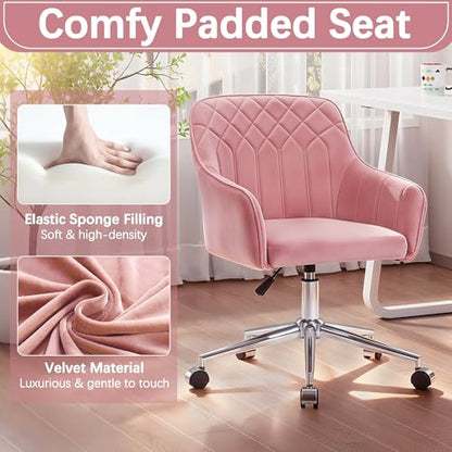 VECELO Modern Velvet Swivel Home Office Desk Chair with Back & Rolling Wheels, Adjustable Seat Height for Girls Women Bed Room Vanity Makeup/Task/Computer Work, Pink - color: Pink