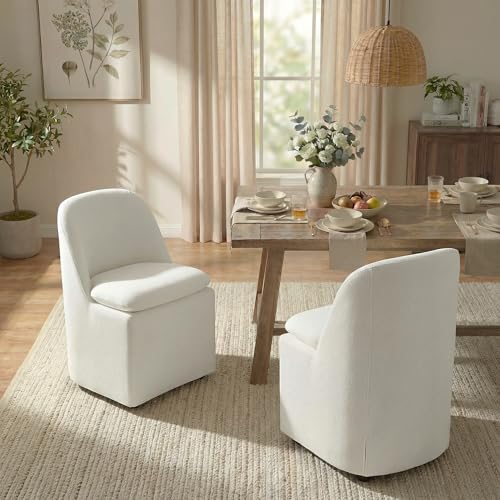 KISLOT Upholstered Dining Chairs with Casters, Washable Cover Modern Dining Room Chairs with Thick Cushion & Sturdy Metal Frame for Kitchen, Living Room, Dressing Room, Beige Fabric, Set of 2 - color: Beige, size: set of 2