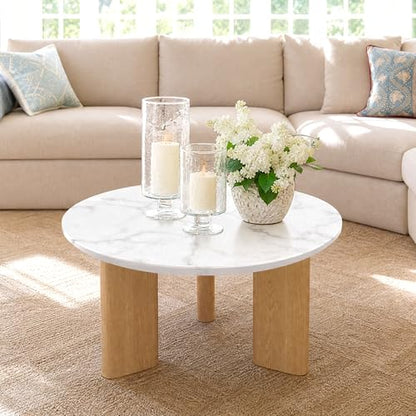 Nesting Coffee Table Set of 2, Marble Top, 2-Tone, Round End Tables | 1.2" Thick Faux Marble Top, Mid-Century Modern Style, Use as Nesting Table, Tea Table, Sturdy MDF, 20-Min Quick Assembly - color: Marble