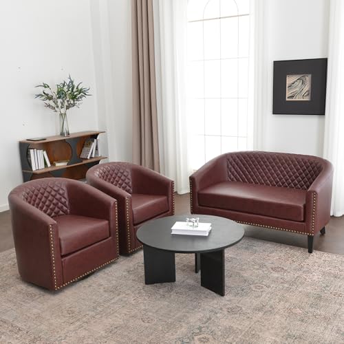 KINWELL 50" Faux Leather Loveseat with 2 Swivel Barrel Accent Chairs, Red | PU Upholstered Tufted Minimalist 2-Seater Couch Sofa and Set of 2 Vegan Leather Swivel Armchairs for Small Spaces Apartment - color: Red, style: 2 Chairs + Loveseat