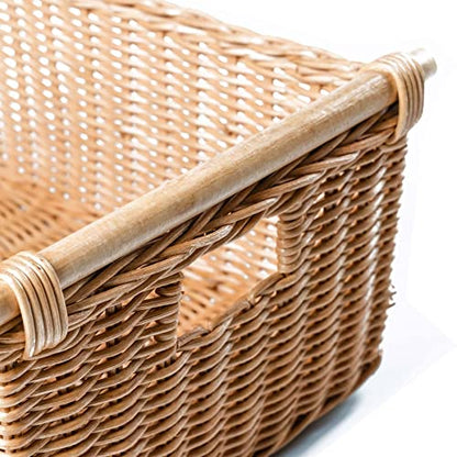 The Basket Lady Pole Handle Wicker Storage Basket, M, Sandstone | Outside: 16" L x 12" W x 8.25" H | Inside: 14"L x 10"W x 8"H - Handcrafted by artisans from natural rattan - color: Sandstone, size: Medium