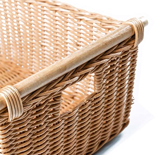 The Basket Lady Pole Handle Wicker Storage Basket, S, Sandstone | Outside: 14" L x 10" W x 7.5" H | Inside: 12"L x 8.5"W x 7"H - Handcrafted by artisans from natural rattan - color: Sandstone, size: Small