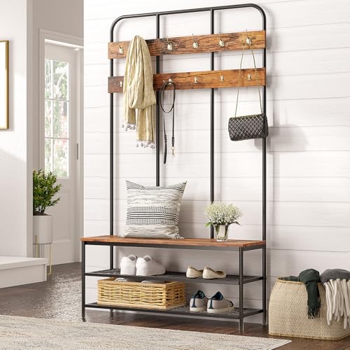 HOOBRO Hall Tree with Bench, Entryway Bench with Coat Rack, Mud Room Rack with 12 Double Hooks and Shoe Storage, Coat Tree, Shoe Rack Organizer, for Foyer, Front Door, Rustic Brown BF05MT01 - color: Rustic Brown + Black