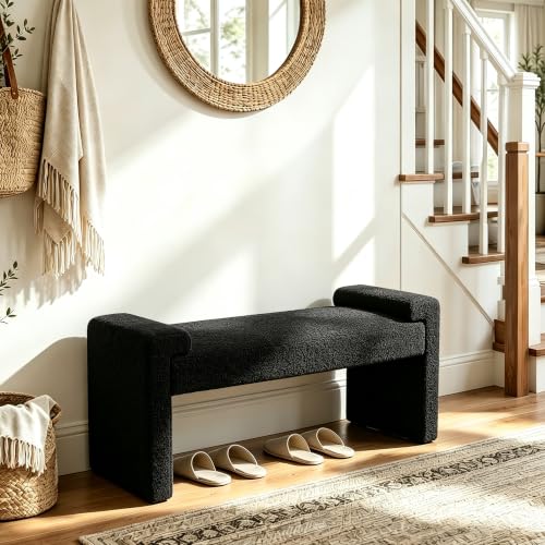 Upholstered Entryway Bench, 43" Modern Bedroom Bench, Black | Sherpa Fleece, Curved Armrests, Solid Wood Frame, End of Bed, Bedroom, Living Room, Hallway - color: Black-sherpa, size: 43"