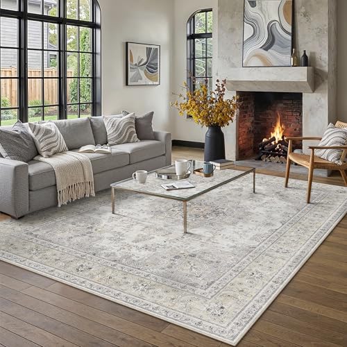 6x9 Area Rugs Washable Rugs Vintage Grey Living Room | Living Room Rug,Vintage Rug,Bedroom,Dining Room,Office,Farmhouse,Non-Shedding,Non Slip,Low Pile,Soft - color: Beige Grey, size: 6' x 9' (Rectangular)