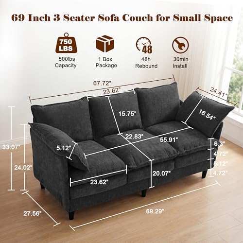 3 Seater Couch & Loveseat Sofa 2 Piece Set, Small 50" Love Seat & 69" Cloud 3 Seat Couch Sofa Set Washable Chenille Pillow Living Room Set for Apartment Office 50-Black-3+2 - color: Black, size: 50"+69"