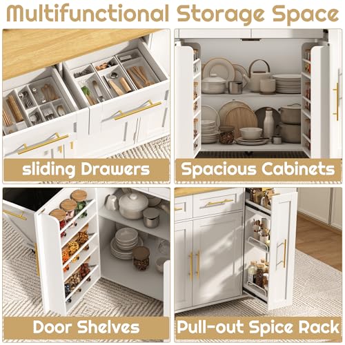St.Mandyu 69" Large Kitchen Island on Wheels, Kitchen Rolling Island Cart with Trash Storage Cabinet, Power Outlet, 3-Tier Pull-Out Storage Trays, Drop Leaf, Mobile Island Table for Kitchen, White - color: White