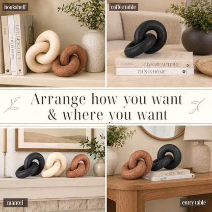 Novabright 3 Pcs Wood Knot Decor, Chain Link Decor, Rustic Home Décor Accents for Coffee Table, Modern Farmhouse Decorative Objects for Bookshelf, Entryway & Mantle, Natural, Black, Brown
