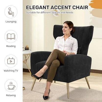 Nebuaegis Black Velvet Accent Chair Set of 4, Wingback Chair for Living Room, High Back Arm Chair with Golden Legs Lumbar Pillow, Upholstered Single Sofa Bedroom - color: Black, size: Set of 4