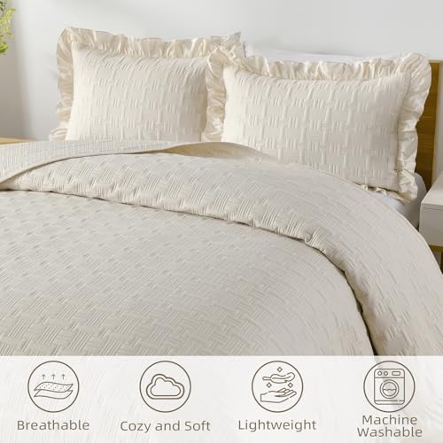 DJY Queen Size Quilt Sets, Lightweight Ruffled Bedding Sets, Beige | Soft Basket Weave Quilted Blanket, Summer Quilt Bed Cover for All Season - 3 Piece (1 Quilt, 2 Pillow Shams) - color: Cream, size: Queen