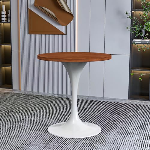LeisureMod Verve Mid-Century Modern 27 Inch Round Dining Table, MDF Wood Tabletop with White Steel Pedestal Base, Contemporary Kitchen & Dining Room, Small Space Breakfast Table, Cognac Brown - color: Cognac Brown Wood, size: 27 inch Wide
