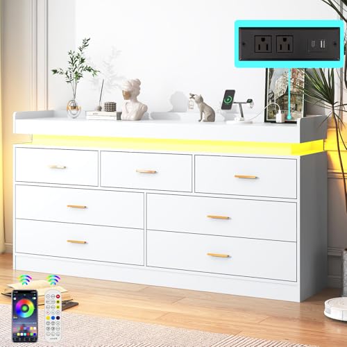 jiteentarou 7 Drawer Dresser with Charging Station and LED Lights, Modern Chest of Drawers with Power Outlet, Organizer Cabinet for Bedroom, Living Room, Entryway, White - color: White, size: 15.4"D x 55.1"W x 34.6"H (7 Drawers)