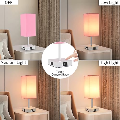 Touch Control Bedside Lamp - 3-Way Dimmable Table Lamps with USB C+A Port and Outlet, Nightstand Lamp for Bedroom Decor and Living Room,Pink