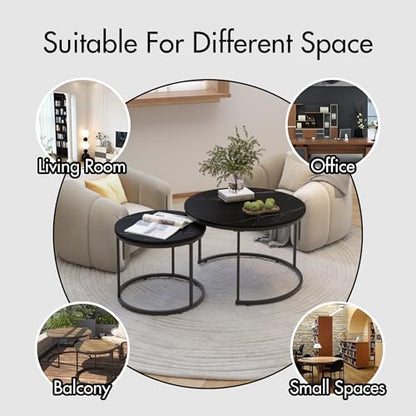 KEIKI Nesting Coffee Table Set of 2, Round Industrial End Tables with Wood Grain MDF Top and Black Metal Frame, Space Saving Small Side Table Set for Living Room Bedroom Balcony, Easy Assembly, Black