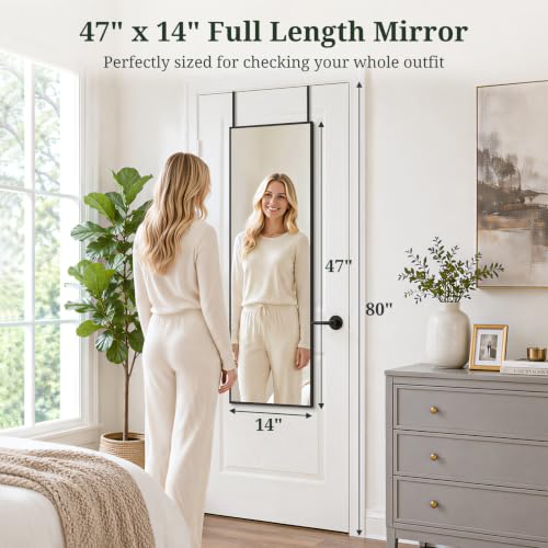 47"x14" Mirror Full Length, Wall Mounted/Over the Door, Black | Full body mirror, Leaning or Hanging, Hooks & hardware included, Suitable for bedroom, living room, closet - color: Black