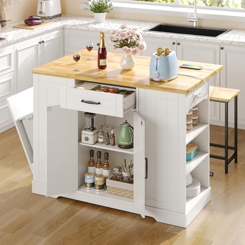 47" Kitchen Island with Seating, Stationary Island Table with Storage Include 2 Chairs, Kitchen Islands with Drop Leaf, Dining Table with Trash Cabinet & Power Outlet & Spice Rack, White - color: White