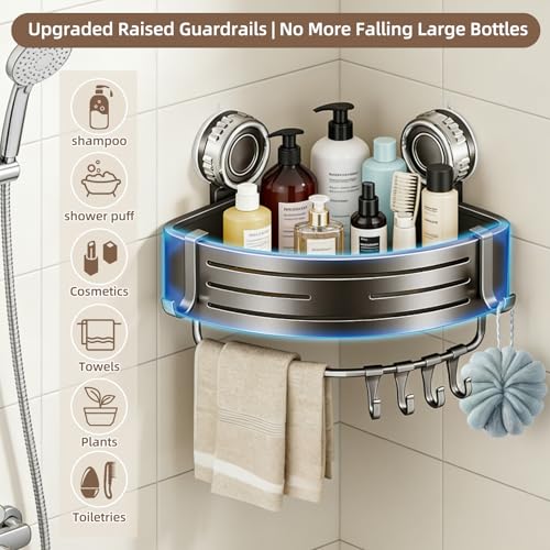 Suction Cup Corner Shower Caddy, No Drill, 1 Tier, Gray | Aluminum, With Hooks, Floating Rack for Inside, Bathroom Wall Shelf Organizer - style: Suction Cup Corner Shower Caddy ,1 Tier ,Gray
