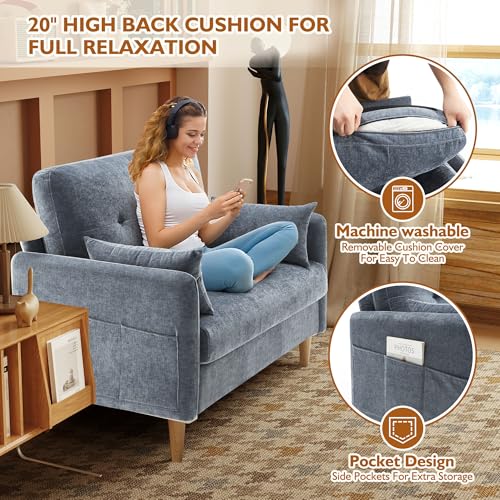 Urhanherry 47" Small Sofa Couch for Bedroom, Soft Chenille loveseat Mini Couch with Throw Pillow and Removable Cushion Cover for Small Spaces, Living Room, Apartment, Dorm, Office(Blue Grey) - color: Blue
