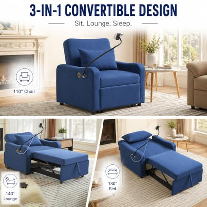Majnesvon Convertible Chair Bed 3 in 1, Sofa Bed Chair (Blue) | with Adjustable Backrest & Charging Station, Small Space One Person Couch for Apartment, Office, Living Room, Bedroom - color: Blue