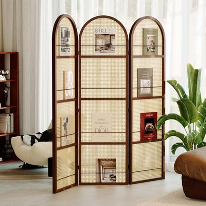Rattan Room Divider with Bookshelf,Privacy Screen for Home Office & Bedroom,Portable Partition, Wooden Frame - color: Walnut-rattan