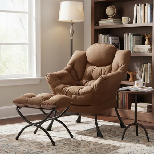 Welnow Lazy Chair with Ottoman, Reading Chair with Footrest,Dark Brown | A Side Pocket,Armrests,Foldable Footrest,Thick Cushioned Seat & Backrest, Lounge Chair for Bedroom,Living Room & Small Space - color: Dark Brown