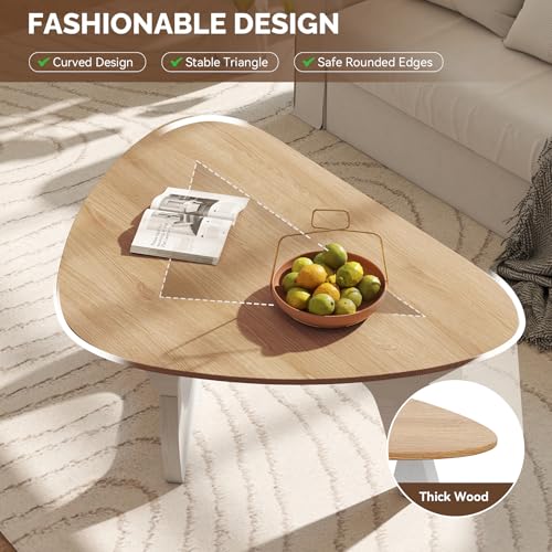 Modern Wood Coffee Table, Triangle Center Table with Premium Wooden Top& Unique Base, 35.5” Small Mid Century Tea Tables for Living Room, Apartment, Office,Natural Wood &White - color: Natural Wood &White, size: Medium 35.5*25.5*15.7in