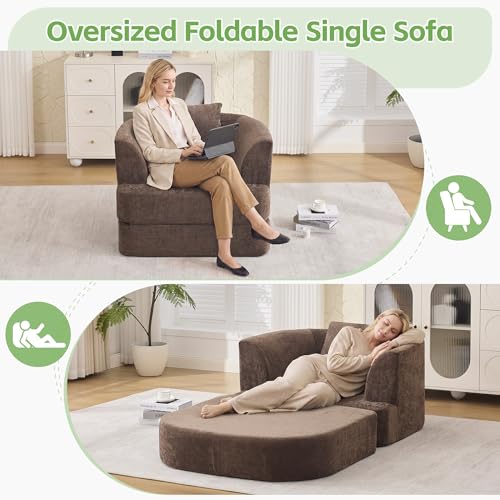 HUBSON 2-in-1 Folding Sofa Bed, Chenille Convertible Single Sleeper Chair Bed, Modern Boneless Foldable Couch, High-Density Foam Lounge Chair for Living Room, Bedroom, No Assembly Required, Brown - color: Brown
